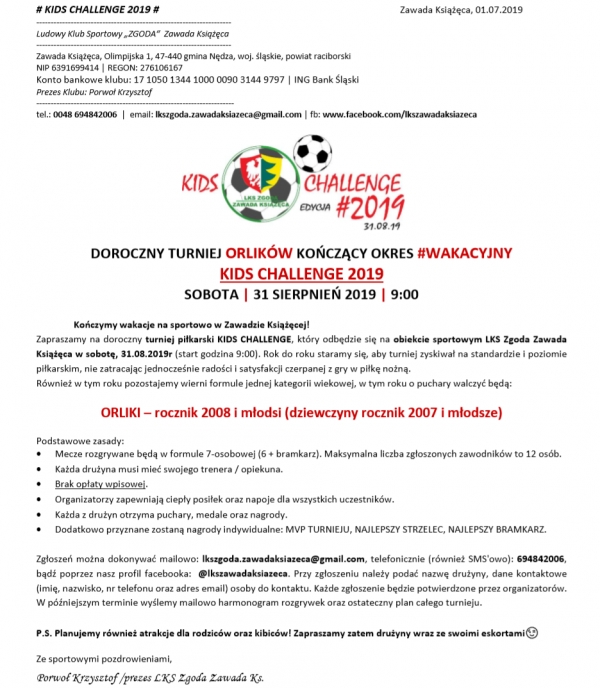 TURNIEJ ORLIKÓW KOŃCZĄCY OKRES #WAKACYJNY KIDS CHALLENGE 2019